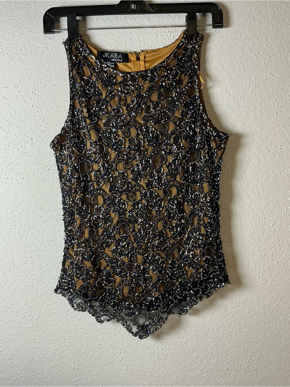 J Kara Black Beaded Lace Overlay Camisole on Gold Lining